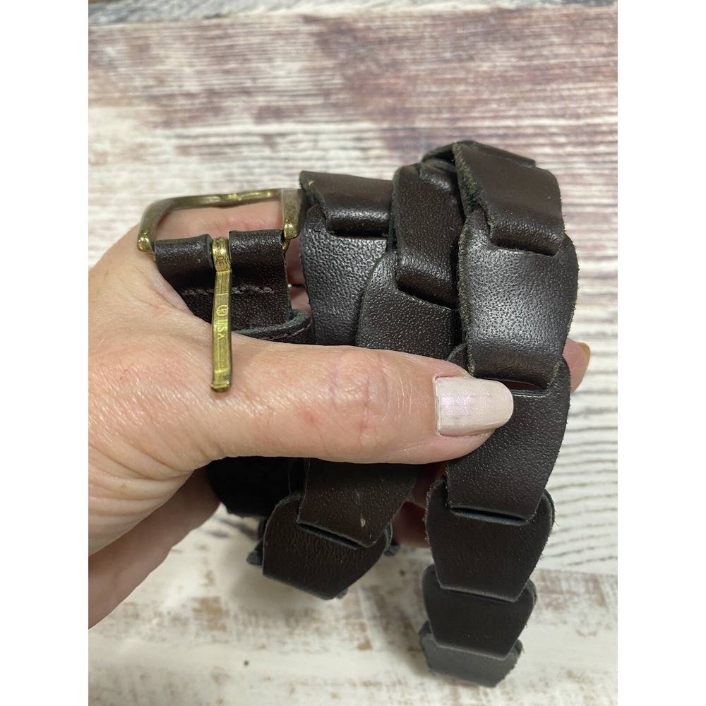 Women's Belt M/L Brown Leather Open Weave Jeans Dress Gold Buckle Casual